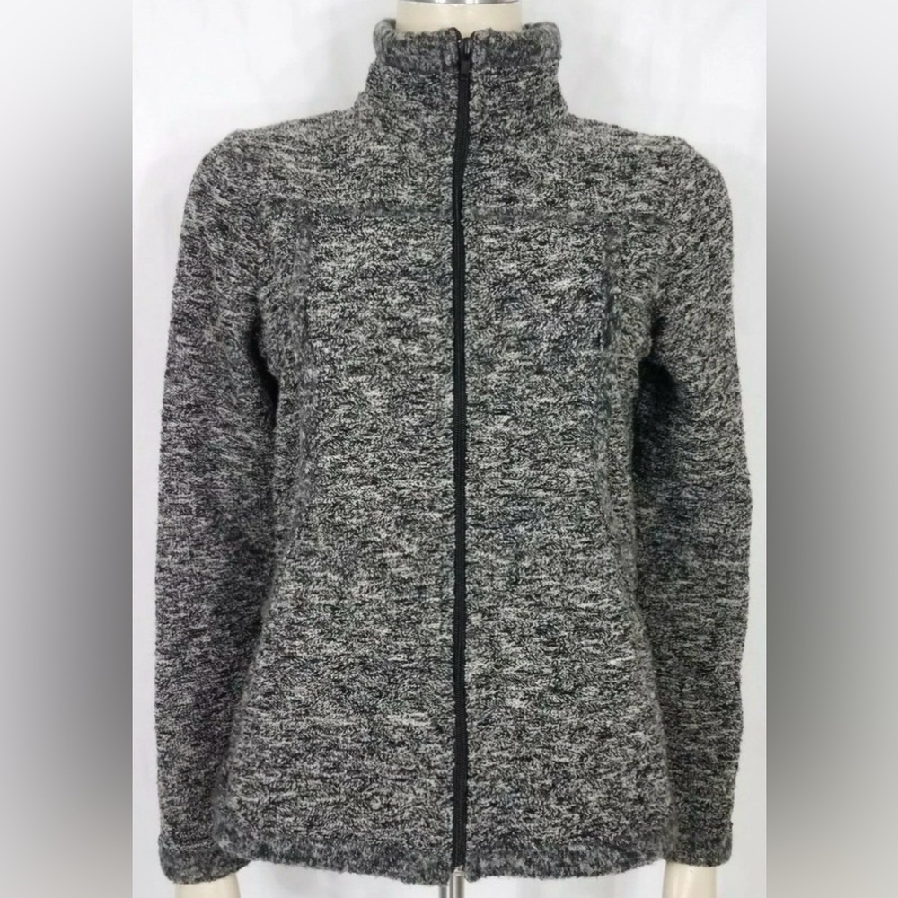 EUC Prana black white Boucle Knit full zip lightweight Jacket womens Size Medium